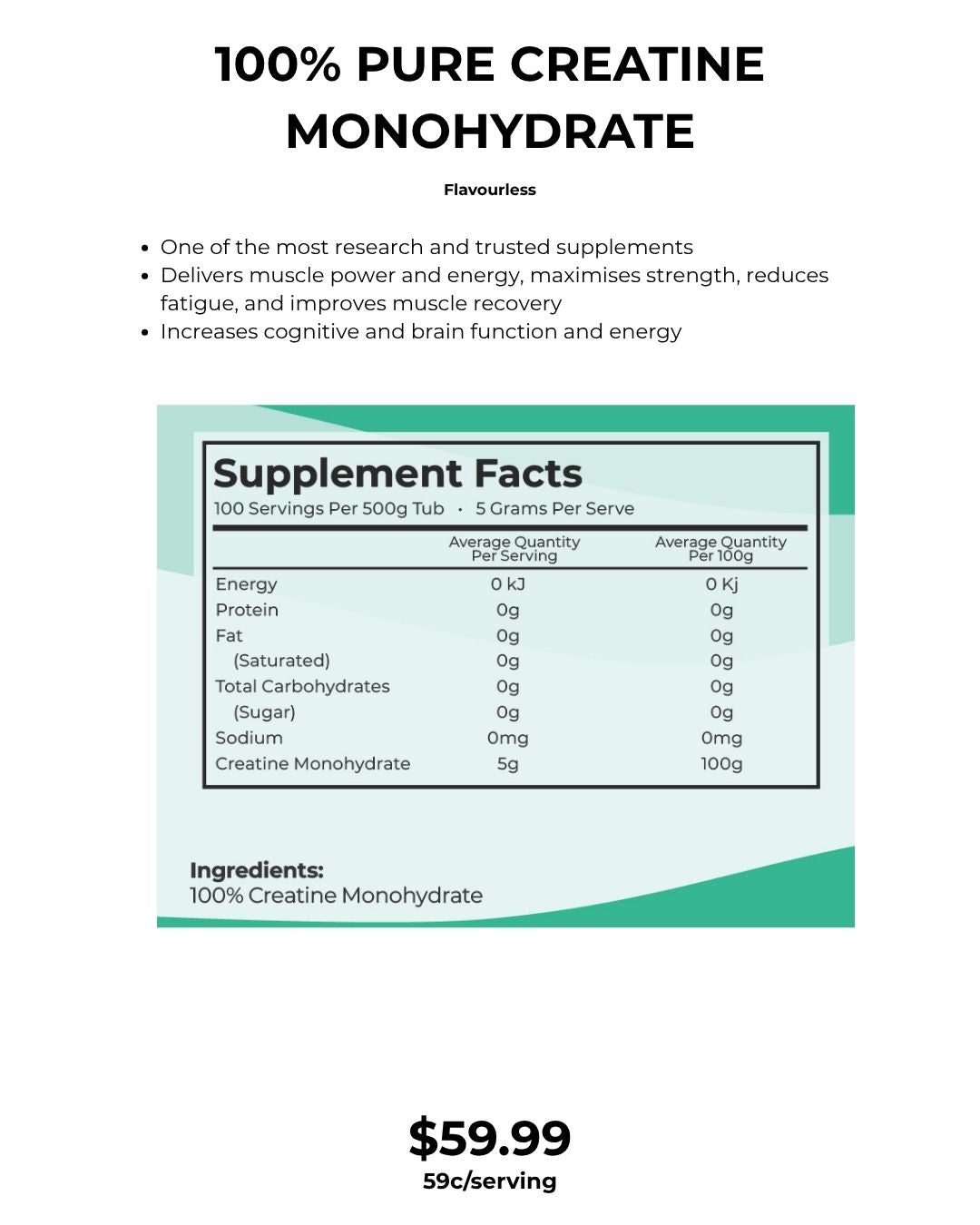 100% Pure Creatine Monohydrate — Stronger. Every Session. Flavourless. 500g Tub.