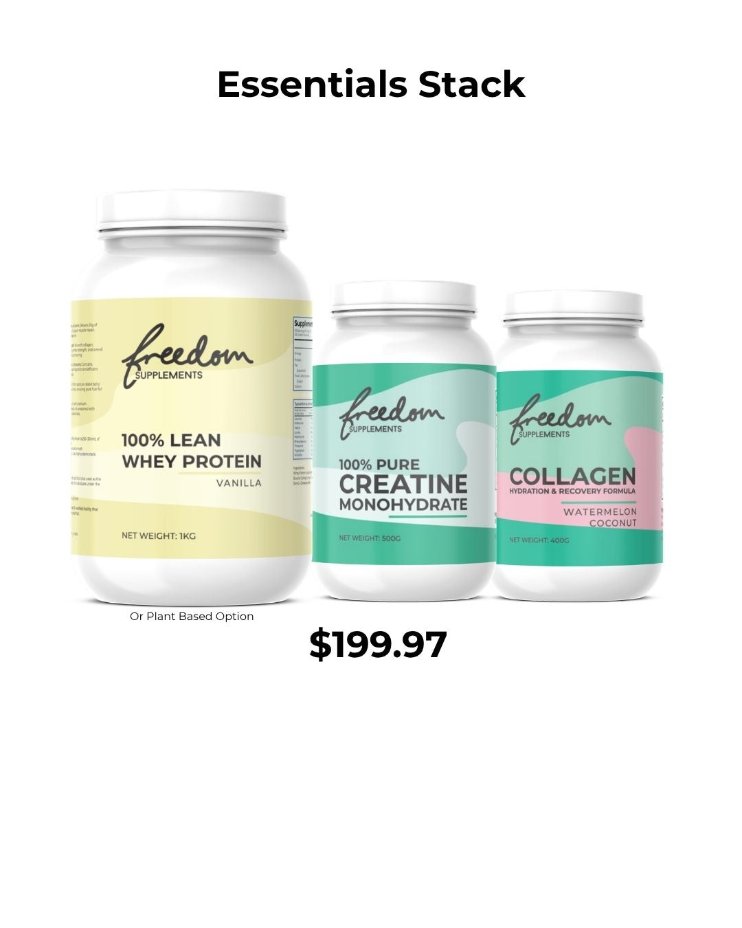 ESSENTIALS STACK 100% Protein Powder + Creatine Monohydrate + Collagen Hydration & Recovery